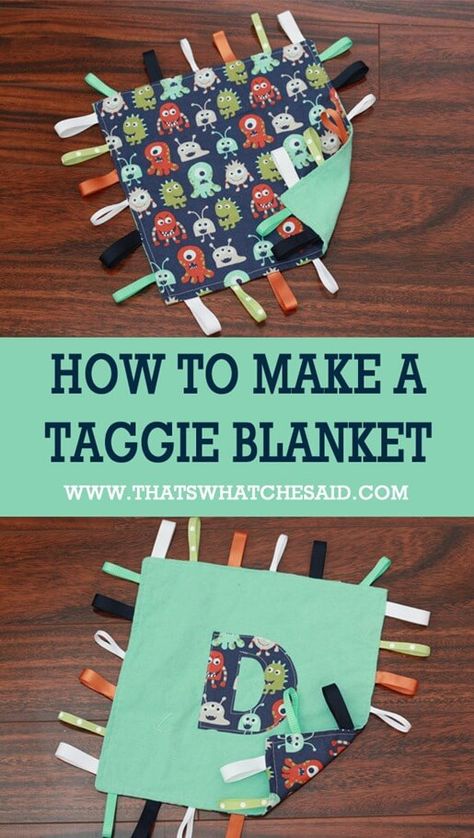 How to make a taggie balnket at thatswhatchesaid.com Taggie Toys, Tag Blankets For Babies, Baby Gifts To Make, Taggie Blanket, Diy Baby Blanket, Tag Blanket, Sensory Blanket, Blanket Diy, Baby Sewing Projects