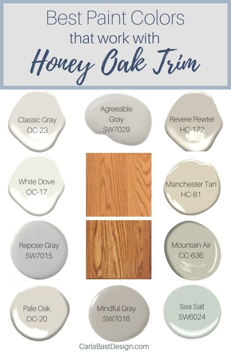 Our simple no-fuss roundup of our must have colors to complement even the warmest of oaks Honey Oak Trim, Oak Wood Trim, Honey Oak Cabinets, Oak Trim, Agreeable Gray, Choosing Paint, Oak Kitchen Cabinets, Farmhouse Paint, Best Paint