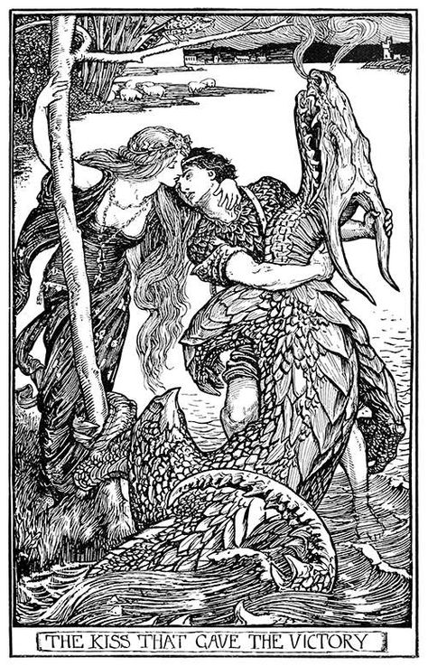 Kiss that Gave Victory – Old Book Illustrations Andrew Lang, Walter Crane, Drawing Studies, Fairytale Illustration, Fairy Book, Fairytale Art, The Kiss, Old Book, Folk Tales