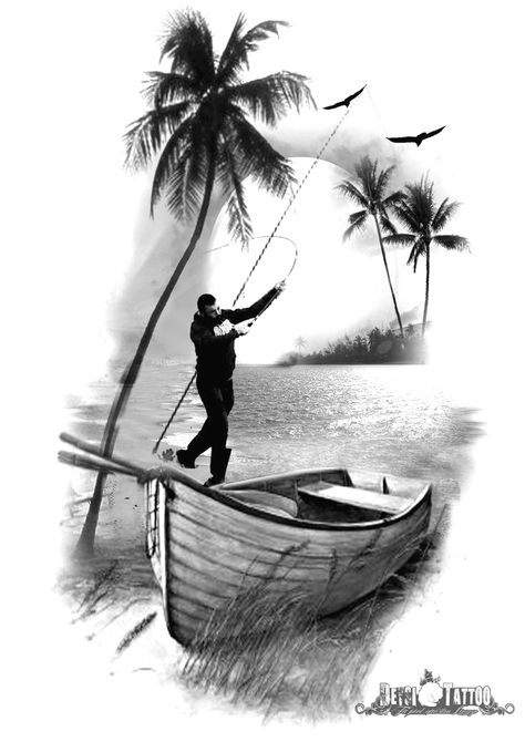 Fishing Tattoo Design, Rasta Tattoo, Tattoo Fishing, Fishing Tattoo, Island Tattoo, Sunset Canvas Painting, Forarm Tattoos, Palm Tree Tattoo, Beach Tattoo