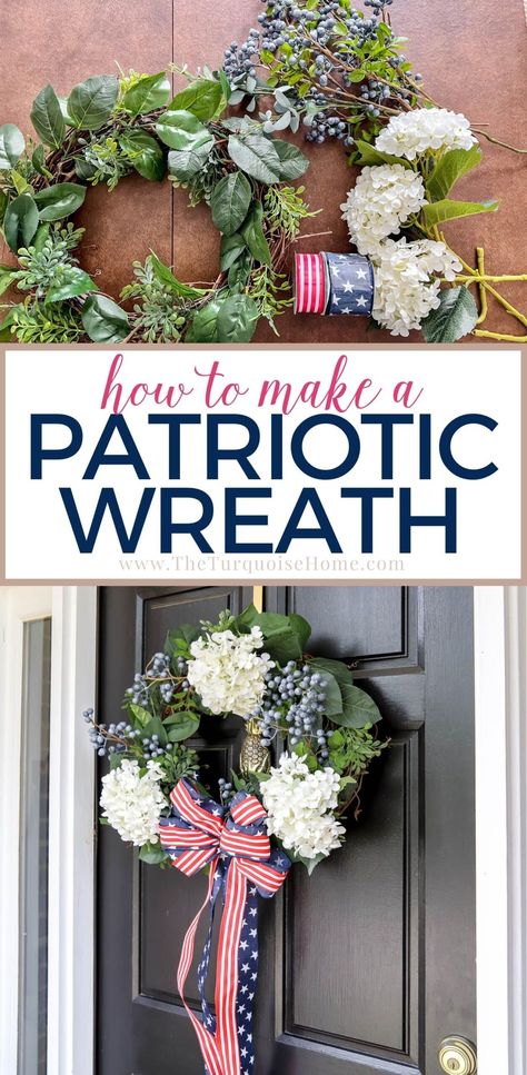 The Fourth of July is the best excuse to decorate your house and patio with the red, white and blue. Here is an easy step by step tutorial for making a beautiful patriotic wreath complete with ribbon bow. Fourth Of July Door Hangers, Diy Patriotic Wreath, Patriotic Door Decor, Small American Flags, July Wreath, Faux Hydrangea, Hydrangea Not Blooming, Festive Wreath, Blue Wreath