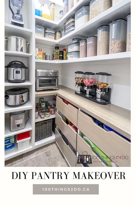 Pantry With Shelf For Appliances, Building Pantry Shelves, Diy Pantry Shelves How To Build, Small Appliance Storage Pantry, Diy Pantry Makeover, Diy Pantry Shelves, Pantry Redo, Pantry Renovation, Clutter Free Kitchen