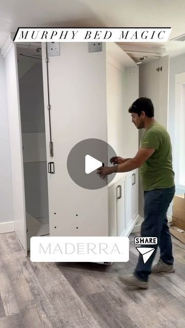 Redo Spaces • DIY • Interior Design • Remodel • Home on Instagram: "Murphy Bed Magic 🪄👇 

Perfect for studios, apartments, lofts, guest rooms, adu units, this double sided Murphy Bed from @maderra_shop has a Murphy Bed on one side and the flip side is an entertainment center. 

What do you think about this space saving Murphy Bed product? 🛏️ 📺 🤩 

They also sell bespoke bookshelf sliding doors single and double units, barn doors & more. Head to their link in bio @maderra_shop to check out their stylish innovative products, and it’s all made in the USA 🇺🇸 in Utah ⛷️ 

#murphybed #spacesavingfurniture #redospaces" Studios Ideas Apartment, Spinning Murphy Bed, Murphy Bed Walk In Closet, Double Murphy Bed Ideas, Revolving Murphy Bed, Murphy Bed And Sofa, Murphy Bed Single, Unique Murphy Bed Ideas, Awesome Bedroom Ideas