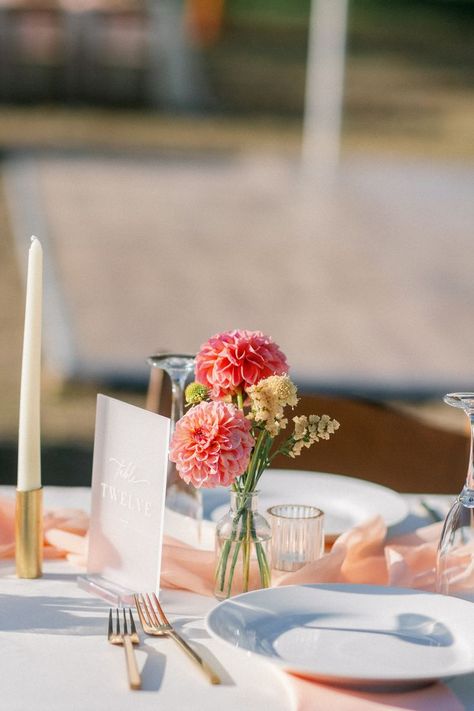 Wedding Table Vases, Candle Table Runner, Peach Color Palette, Elegant Table Decor, Bud Vases Wedding, Chiffon Table Runner, Bridal Shower Table Decorations, Stick Candles, Creative Centerpieces