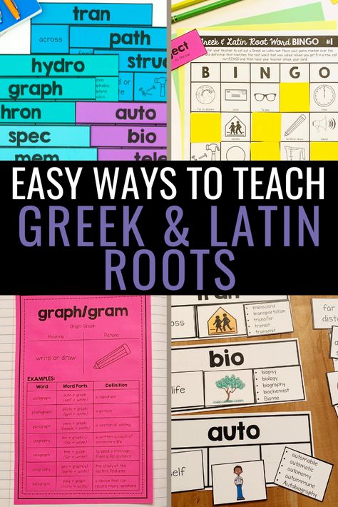 Up to 75% of the English language is derived from Greek and Latin roots. That is why it is so important to teach them in upper elementary! If you feel like teaching vocabulary is just too hard or time-consuming I have some awesome ideas, activities and resources to help you teach Greek & Latin Roots Teaching Greek And Latin Roots Middle School, Teaching Greek And Latin Roots, Greek And Latin Roots Activities, Greek And Latin Roots Anchor Chart, Greek Roots Activities, Latin Roots Anchor Chart, Root Words Activities, 4th Grade Spelling, Elementary Language Arts Activities