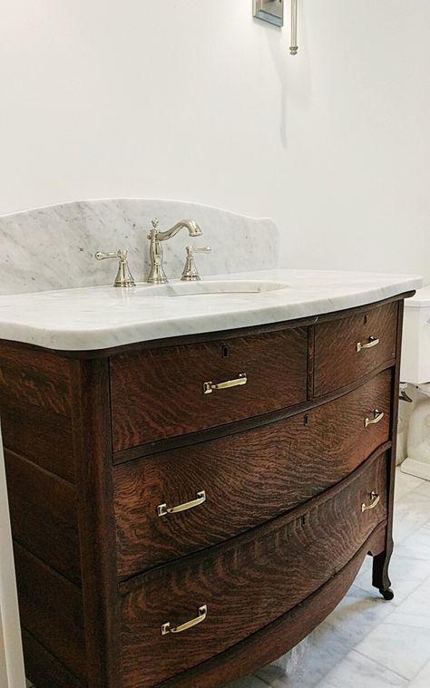 Memphis House, The Misfit House, Misfit House, Dresser Vanity Bathroom, Antique Bathroom Vanity, Bath Inspiration, Oak Bathroom, Dresser Vanity, Bath Sinks