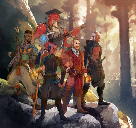 Commission DnD group, Mohd Nizam Jamil on ArtStation at https://www.artstation.com/artwork/xnzRm Character Group Art, Dnd Group Pose, D&d Party Art, Group Character Art, Adventuring Party, Dnd Team Art, Dnd Group Pose Reference, Adventuring Party Dnd, Group Illustration