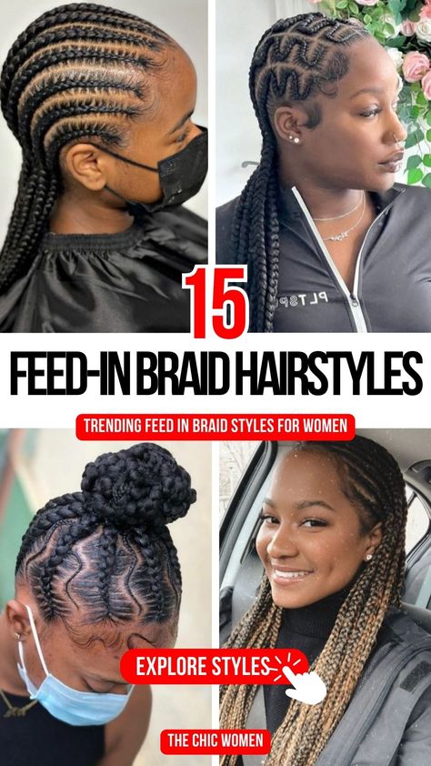 Best Feed-in Braid Styles for Women’s Hair 8 Feed Ins Braids, Halo Braid With Braids, Curly Feed In Braids, Large Feed In Braids Cornrows, Feed In Cornrows With Box Braids, Feedin Cornrows Braids, 6-8 Feedin Braids, Medium Feed In Braids Ponytail, Braid Mohawk For Black Women