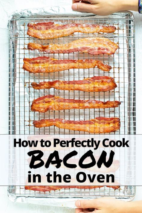 You'll always get the BEST and CRISPIEST results once you know How to Cook Bacon in the Oven! This foolproof method uses a wire rack for even baking and foil for quick and easy cleanup. Both pork and turkey bacon will turn out perfect every time! How To Bake Bacon, Bacon In Oven, Bake Bacon, Oven Baked Bacon, Bacon In The Oven, Cooking Bacon, Baked Bacon, Turkey Bacon, Bacon Recipes