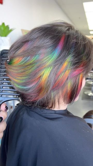 Ribbon Hair Color, Short Hair Pop Of Color, Prism Highlights Black Hair, Iridescent Black Hair, Rainbow Highlights Short Hair, Prism Highlights Hair, Prism Highlights Brown Hair, Prism Hair Color Short, Short Hair Rainbow Color