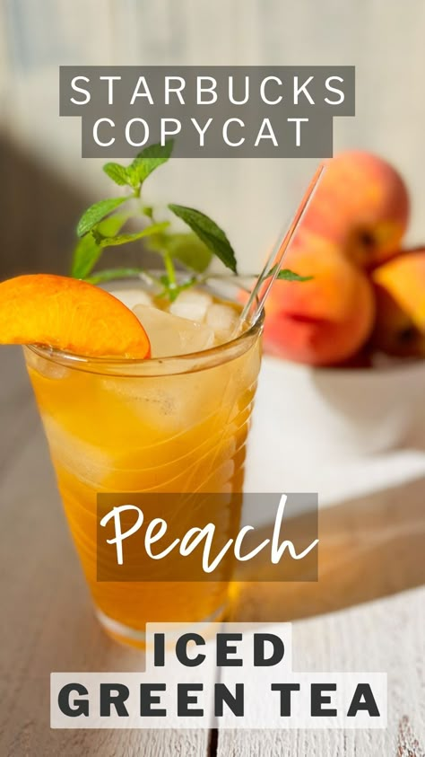 Peach Green Tea Lemonade Recipe, Diy Peach Tea, Teavana Peach Tranquility Recipes, Best Green Tea Recipes, Mango Peach Tea, Green Tea Sun Tea, Peach Tea Mocktail, Iced Green Tea Drinks, Starbucks Peach Green Tea Recipe