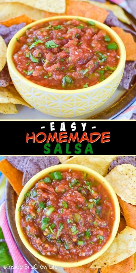 Easy Homemade Salsa - mix together diced onions, cilantro, and canned tomatoes to make this easy salsa recipe! Great for chips or adding to taco dinners! Salsa Recipe Using Canned Tomatoes, Mexican Apps, Party Food Ideas Appetizers, Garden Party Food Ideas, Taco Dinners, Healthier Appetizers, Food Ideas Appetizers, Appetizers Summer, Garden Party Food