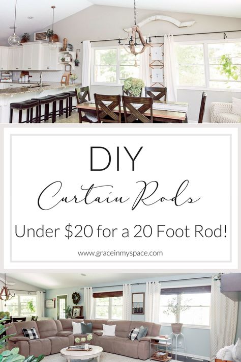 Have you ever balked at the prices of custom curtain rods for large windows? I know I have! So today I've got a super easy and cheap (under $20!) tutorial on how to make DIY Curtain Rods for up to 20 feet of windows! Curtain Rod Ideas For Large Window, Basement Drapes, Curtain Rods For Large Windows, Sunroom Curtains, Extra Long Curtain Rods, Large Window Curtains, Farmhouse Curtain Rods, Cheap Curtain Rods, Long Curtain Rods