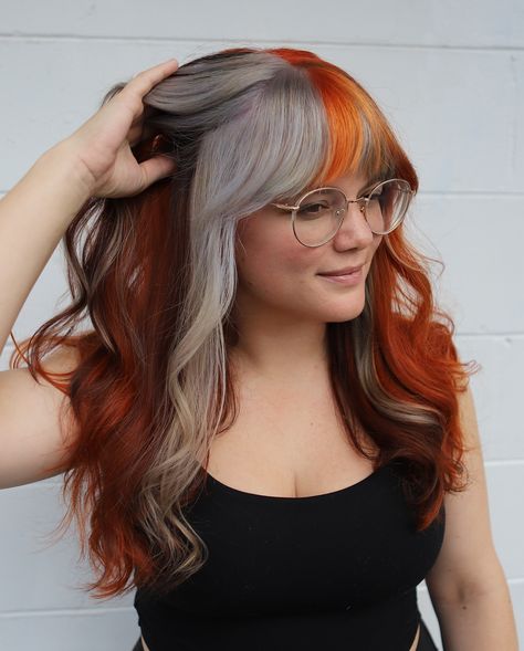 Calico Color block for this babe! ✨ Achieve using @dangerjonescreative ✨ #dangerjones #dangerjonescreative #calicohair #colorblockhair #althair #orlandohair #hairdesign #orlandohairstylist #fallhaircolor Colour Blocking Hair, Calico Hair Color Hairstyles, Calico Hair Color, Color Blocking Hair, Colorblock Hair, Hair Color Placement, Calico Hair, Grey Blending, Color Block Hair