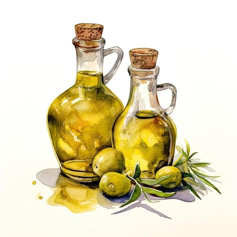 Premium AI Image | Olive oil watercolor illustration on white background Olive Oil Sticker, Olive Oil Painting, Olive Oil Illustration, Olive Oil Drawing, Olive Oil Aesthetic, Olives Illustration, Olives Watercolor, Olive Illustration, Oil Illustration