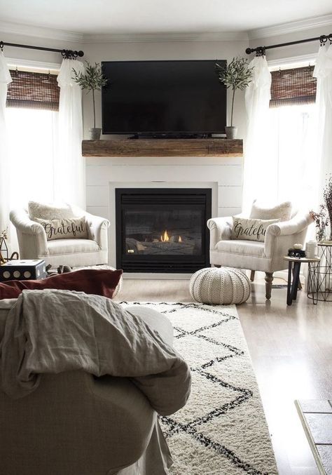 Corner Fireplace With Windows On Both Sides, Corner Fireplace With Shiplap Wall, Tv Above Fireplace Corner, Fireplace Layout, Corner Fireplace Makeover, Corner Fireplace Living Room, Black Shiplap, Fireplace Walls, Spec House