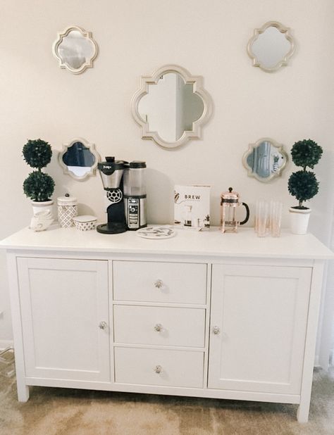 This idea comes from Erin McD., who says replacing hardware can personalize a piece and make it look far more expensive. She did it to the Hemnes Sideboard, and she uses it as a coffee/cocktail bar. Anthropologie is a great place to find pretty hardware, as is Amazon. Ikea Sideboard Dining Room, Ikea Hauga Sideboard, Ikea Kitchen Sideboard, Ikea Hauga Kitchen, Sideboard Buffet Ikea, Hauga Ikea Hacks Kitchen, Ikea Hemnes Sideboard Hack, Hemnes Dining Room, Hemnes Sideboard Hack