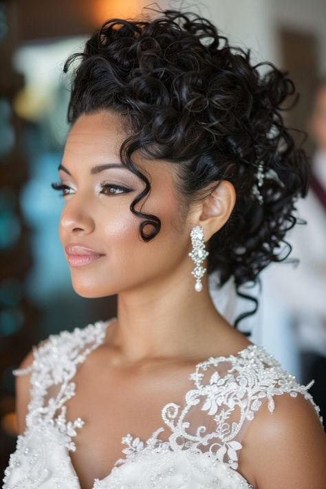 110+ Bridal Hair Updo Looks We LOVE! | Matched Hearts Mixed Race Wedding Hair, Black Curly Hair Wedding Styles, Bridal Hair For Curly Hair, Black Bride Updo Hairstyles, Curly Bridal Hair With Veil, Curly Bride Hairstyles, Wavy Bridal Hair, Glam Hairstyles, Bridal Hair Half Up Half Down