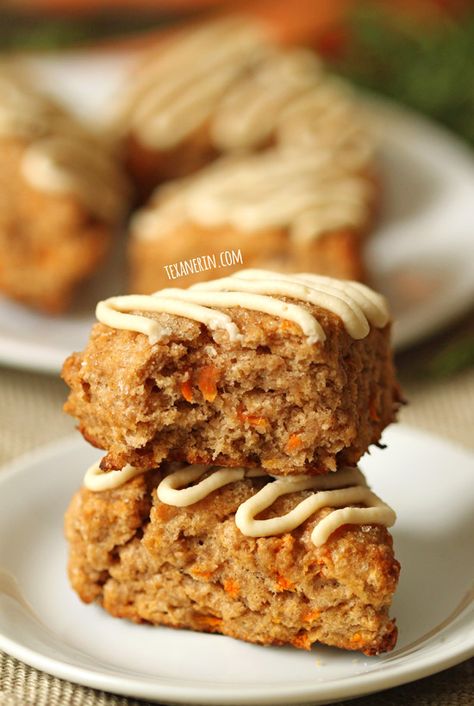 Carrot Cake Scones made healthier with whole grains, less sugar and maple sweetened cream cheese frosting! Healthier Carrot Cake, Carrot Cake Scones, Healthy Scones, Rock Cake, Less Sugar, Whole Grains, With Cream Cheese Frosting, Healthy Muffins, Coconut Recipes