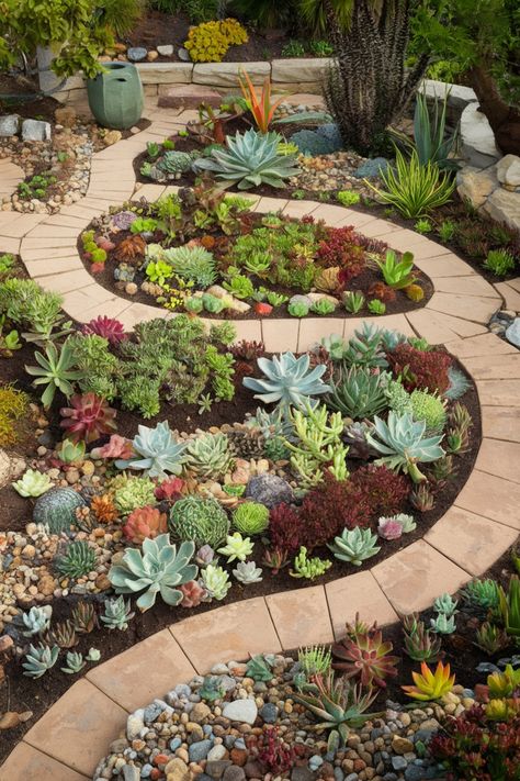 A drought-tolerant landscape featuring resilient succulents, highlighting over 20 sustainable gardening ideas for eco-conscious homeowners. Small Succulent Garden Ideas, Front Porch Succulent Planter Ideas, Succulent Cactus Garden, Front Yard Succulent Landscaping, Southwest Landscape Ideas, Succulent Garden Bed, Desert Backyard Ideas, Desert Garden Ideas, Garden Ideas South Africa