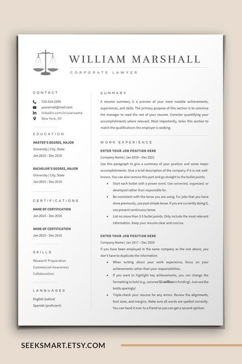 Paralegal Resume Template | Corporate Lawyer Resume CV Template Word, Google Docs, Pages - SeekSmart Resume Template Aesthetic, Paralegal Resume, Lawyer Resume, Corporate Lawyer, Resume Template Examples, Cv Template Word, Resume Summary, Minimalist Resume, Job Advice