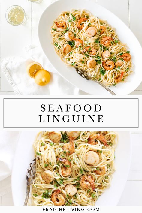 Seafood Linguine White Wine Sauce, White Wine Linguine, Seafood Linguine White Wine, Shrimp And Scallop Recipes Pasta Seafood Linguine, Seafood Pasta In White Wine Sauce, Garlic Olive Oil Seafood Pasta, Scallops Pasta White Wine, Creamy Seafood Linguine, Easy Seafood Linguine Recipe