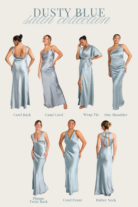 Confidence giving, effortless and comfortable. Whatever their style, find their perfect fit in our gorgeous Dusty Blue Satin Bridesmaid dresses and wear it together. 💍 Blue Satin Bridesmaid Dresses, Blue Satin Bridesmaid Dress, Blue Satin Bridesmaid, Love In Full Bloom, Satin Bridesmaids, Bridesmaids Ideas, Satin Clothing, Vibrant Florals, Bridesmaid Dress Collection