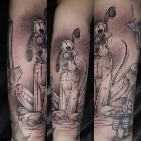 Small Black Disney Tattoo, Disney Sleeve Tattoo Black And White, Goofy Movie Tattoo Ideas, Pluto Tattoo, Goofy Tattoo Disney, Black And Gray Disney Tattoos, Disney Tattoos, Black And Grey Tattoos, Black Tattoos