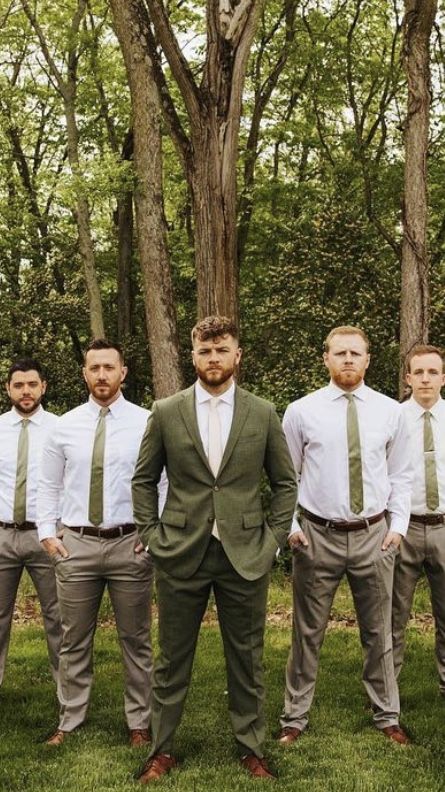 Olive Green Mens Wedding Attire, Khaki And Green Groomsmen, Groomsmen Outfits Fall Wedding, Desert Groomsmen Attire, Bridesmaid And Groomsmen Colors Rustic, Green And Tan Groomsmen Attire, Groomsmen Attire Beige And Green, Groomsmen Attire For Sage Green Wedding, Groom Attire Outdoor Wedding