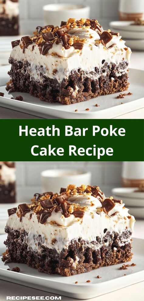 Looking for a sweet indulgence? This Heath Bar Poke Cake combines rich chocolate flavor with crunchy toffee bits, creating an irresistible dessert that everyone will love. It's a simple way to impress your guests. Heath Bar Poke Cake, Unique Recipes Desserts, Heath Bar, Poke Cake Recipe, Heath Bars, Poke Cake Recipes, Rich Chocolate Cake, Unique Desserts, Moist Chocolate Cake