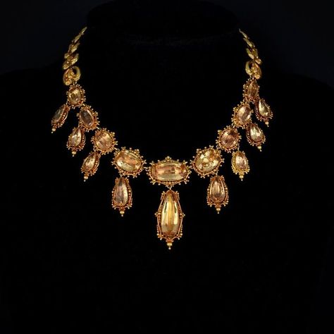 Antique jewelry on Instagram: "Incredible antique circa 1840 topaz necklace. Fashioned from 15k gold, constructed with repoussé and granulation work set with large oval and pear shaped imperial topaz. DM with enquiries. . . . #topaz #georgianjewelry #victorianjewelry #antiquejewelry #antiquenecklace #topaznecklace #georgiannecklace #victoriannecklace #jewelrygram #instajewelry #jotd #finejewelry #ejayantiques #imperialtopaz #gemstones #15kgold #antiquejewellery" Georgian Jewelry, Imperial Topaz, Topaz Jewelry, Topaz Necklace, Antique Necklace, Victorian Jewelry, Antique Jewellery, Pear Shaped, Vintage Necklace