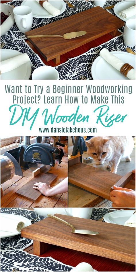 Learn How to Make a DIY Wooden Riser! Looking for beginner woodworking projects? Want some scrap wood project ideas? Click for the tutorial to make DIY wooden risers for the counter. Use as a DIY wood trivet or DIY wood serving tray! Wooden riser decor is on trend, looks beautiful. Make this wooden risers display in an afternoon with this DIY wood riser stand tutorial. Cute DIY wood risers display, this wood riser stand can be made in any wood - I chose walnut for my serving tray with legs DIY. Wooden Tray With Legs Diy, Diy Wooden Legs For Table, How To Make Wood Risers, Diy Wooden Riser Stand, Wooden Risers Display Diy, Diy Wood Stand Display, How To Make Wooden Risers, Diy Wood Riser Tray, Wood Risers Diy