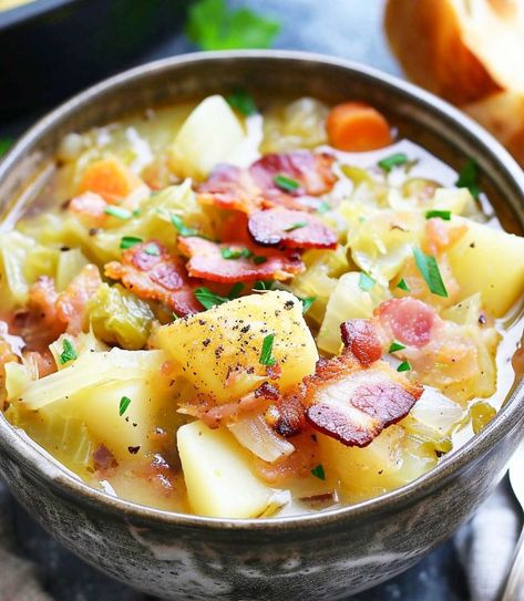 My house smelled wonderful when I walked in yesterday and this was being cooked up! It tasted even better! Cabbage And Potato Soup, Bacon Cabbage, Cabbage Potato Soup, Irish Bacon, Broccoli Fritters, Cabbage And Potatoes, Homemade Soup Recipe, Cabbage And Bacon, Delicious Soup Recipes