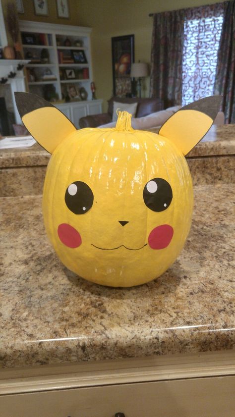 Pikachu Pumpkin Pumpkin Painting Ideas Picachu, Pikachu Pumpkin Painting, Pokemon Pumpkin Painting, Pokemon Pumpkins, Pumpkin Pikachu, Character Pumpkin Ideas, Pikachu Pumpkin, Literary Pumpkins, Pokemon Pumpkin