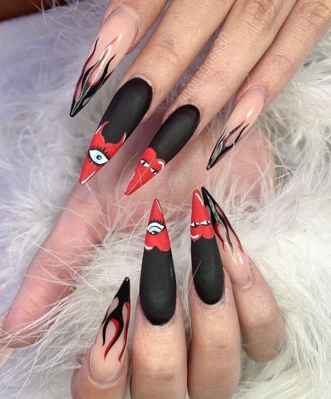 #nails #black #red Goth Nails Black And Red, Black Stilleto Nails Designs, Red And Black Acrylic Nails Designs, Long Stilleto Nails Design, Halloween Stilleto Nails, Red And Black Halloween Nails, Red Goth Nails, Music Nails, Uñas Aesthetic