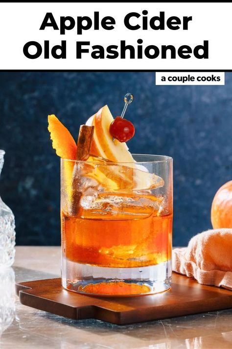 The apple cider Old Fashioned is a fall spin on the classic! Spiced apple cider syrup sweetens this whiskey cocktail. Pop over to our site for the recipe! Cider Old Fashioned, Apple Cider Syrup, Making Apple Cider, A Couple Cooks, Apple Cider Cocktail, Halloween Drinks Alcohol, Fall Cocktails Recipes, Whiskey Cocktail, Thanksgiving Cocktails