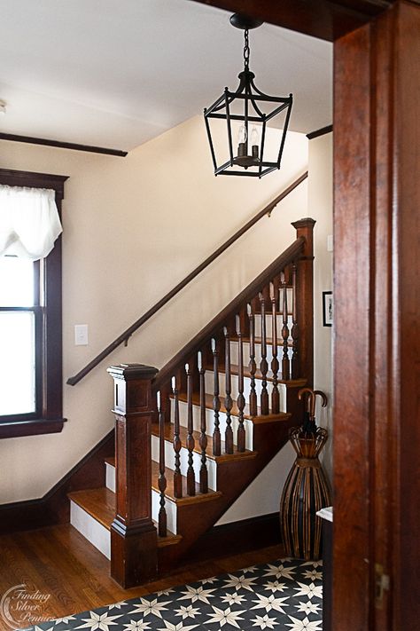 Flow of Home Tour - Upstairs | Finding Silver Pennies #homedecor #interiors #flowofhome #hometour #interiorsblogger #interiordesigninspiration Paint With Dark Wood Trim, Northern House, Old House Charm, Dark Wood Trim, Paint Accents, Choosing Paint Colours, Tiled Floor, Choosing Paint, Coastal Summer