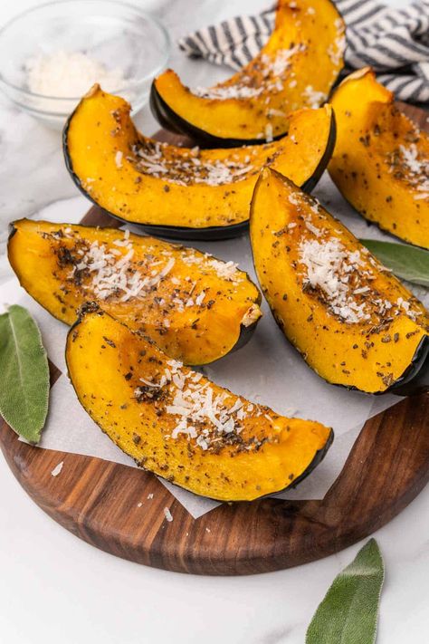 Parmesan-Topped Acorn Squash Acorn Squash Roasted, Squash Roasted, Recipes With Parmesan Cheese, Winter Squash Recipes, Roasted Acorn Squash, Hearty Snacks, Squash Varieties, Sweet Dumplings, Acorn Squash Recipes