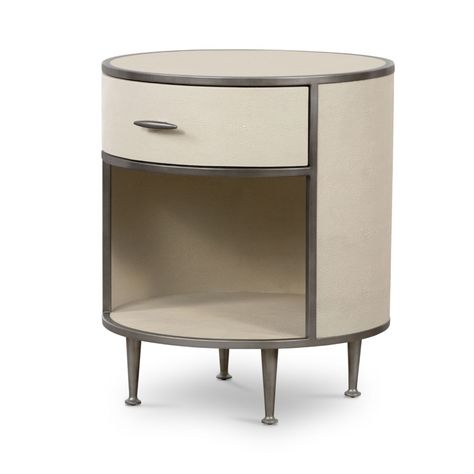 Product Overview Color: Ivory Shagreen and Brushed Gunmetal Material: Faux Shagreen, Iron Weight: 50.7 lbs Night Stand Storage, Curved Bedside Table, Round Nightstand, Gold Bed, Faux Shagreen, Planter Table, Studio Furniture, Modern Nightstand, Home Good