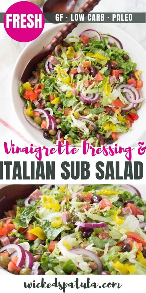 Big Italian Salad - Pinterest image Keto Green Salad Recipes, Sub Sandwich Salad, Submarine Salad, Green Salad Ideas, Hoagie Salad, Italian Sub Salad Recipe, Italian Sub Salad, Sub Salad, Gluten Free Salad