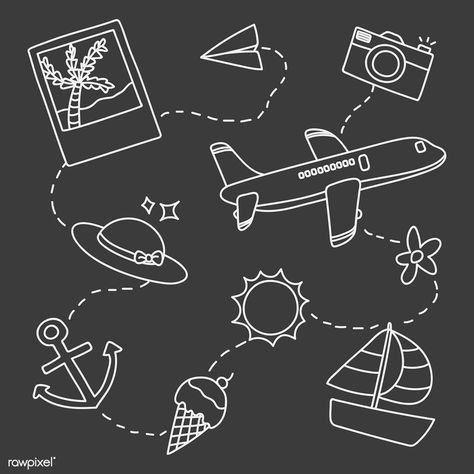 Hand drawn travel element on black background vector set | free image by rawpixel.com Plane Sketch, Travel Doodles, Album Photo Scrapbooking, Diy Photo Book, Scrapbook Gift, Line Artwork, Photo Album Diy, Scrapbook Book, Album Diy