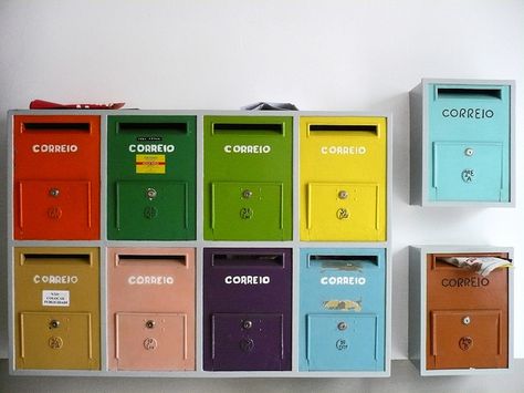 mailboxes! #color #mailboxes Crochet Postcard, Mail Solutions, Mailbox Installation, Apartment Mailboxes, Mail Boxes, You've Got Mail, Post Box, Cool Apartments, Letter Box