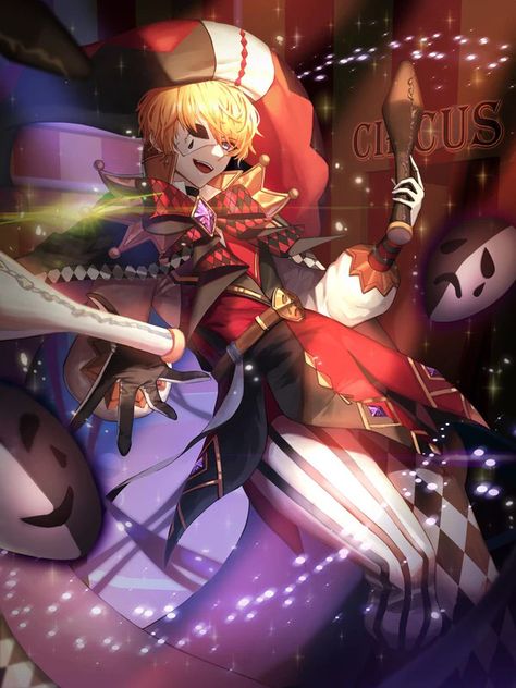 Jester Anime, Anime Jester, Magician Pose, Anime Circus, Magician Art, Arcane Trickster, Circus Aesthetic, Circus Characters, Fantasy Witch