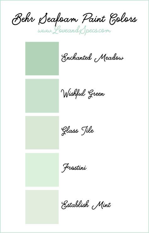 The BEST seafoam paint colors in a range of minty green hues from Behr! Seafoam is the perfect accent color to pair with a neutral color palette! Seafoam Green Walls, Seafoam Walls, Best Seafoam Paint Color, Seafoam Green Kitchen, Mint Green Paint Color, Light Mint Paint Color, Seafoam Green Color Palette, Behr Calming Green Paint Colors, Behr Seafoam Green