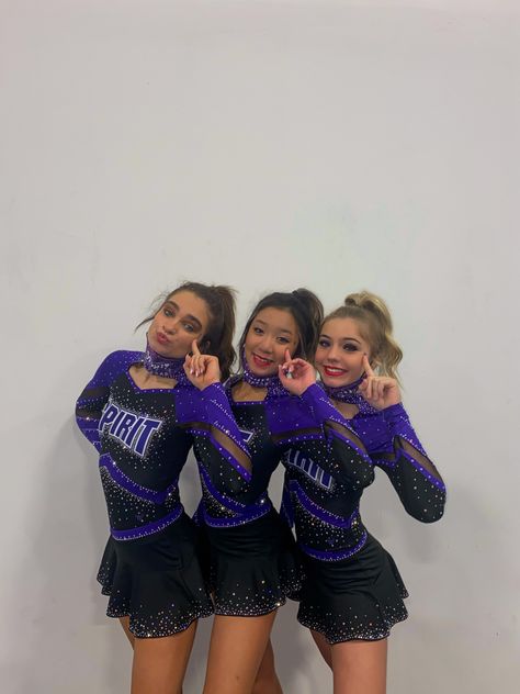 Cheer Uniform Ideas, Cheerleading Uniforms High School, All Star Cheer Uniforms Design, Purple Cheer Uniform, Cheerleading Outfits Blue, White And Blue Cheer Uniforms, Blue And Black Cheer Uniform, Blue And Gold Cheer Uniforms, Purple And Gold Cheer Uniforms