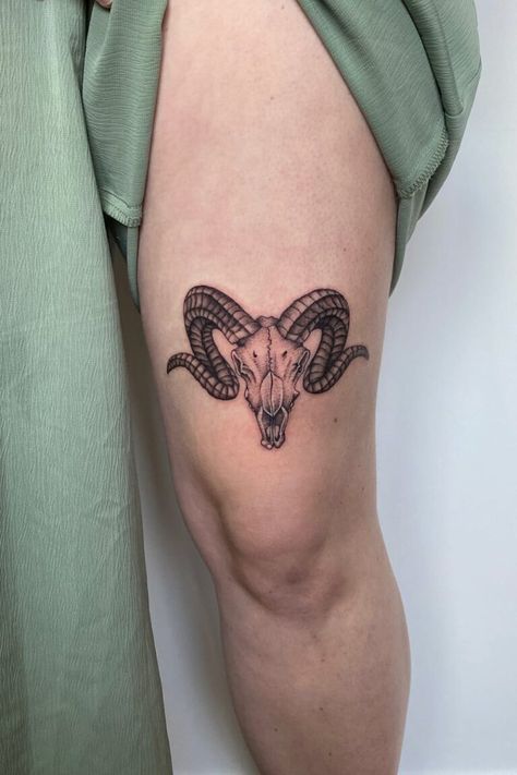 Aries Tattoo Ideas, Tattoo Crane, Aries Ram Tattoo, Bull Skull Tattoos, Aries Tattoos, Ram Tattoo, Unusual Tattoo, Finger Tattoo For Women, Aries Tattoo