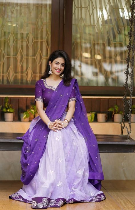 Half Saree Neck Designs, Poses On Half Saree, Half Saree Poses Photoshoot Ideas, Purple Half Saree, Half Saree Poses, Half Saree Ideas, Half Saree Designs Simple, Blouse Neck Models, Silk Half Saree