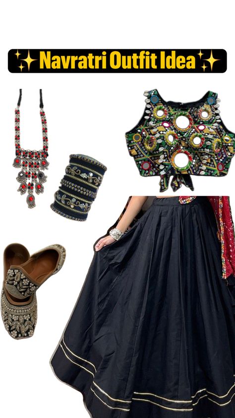 Navratri looks, Navratri outfit ideas, Navratri black chili , Black outfit for navratri Plain Black Skirt Outfit, Black Skirt Outfit Ideas, Plain Black Skirt, Black Skirt Outfit, Black Skirt Outfits, Skirt Outfit Ideas, Fabric Jewellery, Embroidered Dupatta, Skirt Outfit