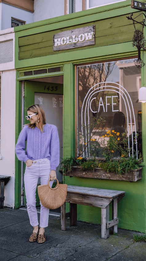 Lavender Jumper Outfit, Fall Lavender Outfit, All Lavender Outfit, Monochromatic Purple Outfit, Light Purple Jeans Outfit, Lilac Fall Outfit, Lavender Fashion Outfits, Lavender And Red Outfit, Lavender Fall Outfits