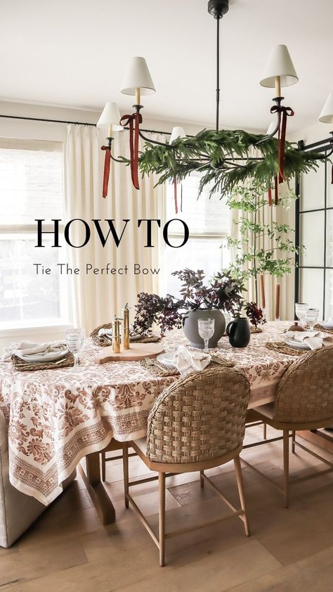 Let’s tie the perfect bow! Last year I used this method to finish holiday wreaths, garland, and gifts. This year I decided to add velvet… | Instagram Bows On Chandelier Christmas, Bows On Chandelier, Garland On Chandelier, Christmas Chandelier Ideas, Round Aesthetic, Ribbon Chandelier, Christmas Chandelier, Bow Garland, Christmas Open House